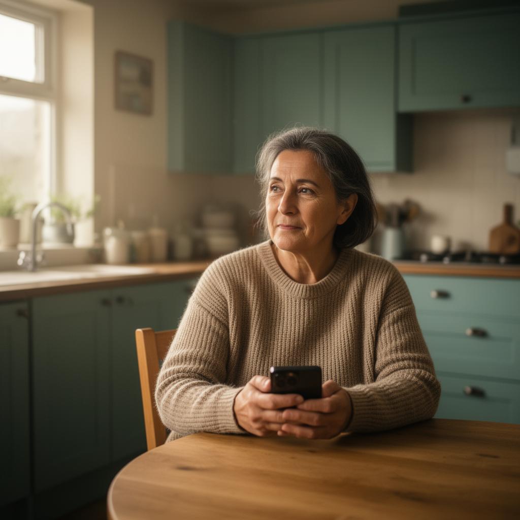 A person at a kitchen table holding their phone, looking calm in soft morning light